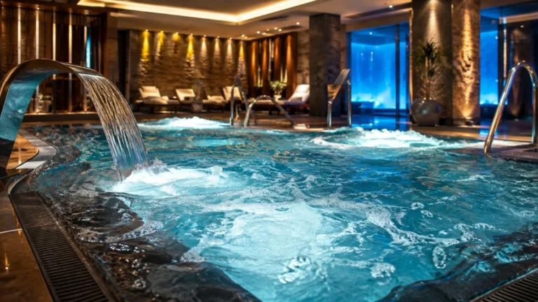 Área de spa e bem-estar com sistema de hidromassagem e iluminação ambiente