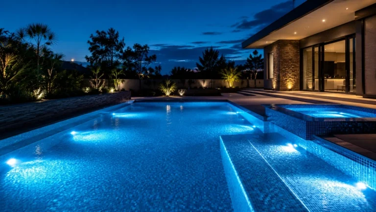 Piscina moderna iluminada com focos LED subaquáticos à noite