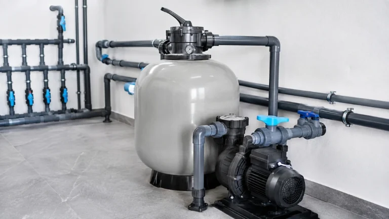 Sistema profissional de filtração para piscinas com filtro, bomba e válvula seletora