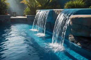 Guía para elegir e instalar cascadas laminares en piscinas: ancho, altura, alimentación hidráulica, acabado, mantenimiento e integración LED.
