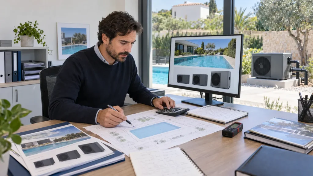 Profesional calculando qué bomba de calor necesita una piscina