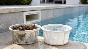 Cesta de skimmer llena de hojas junto a una cesta limpia en una piscina