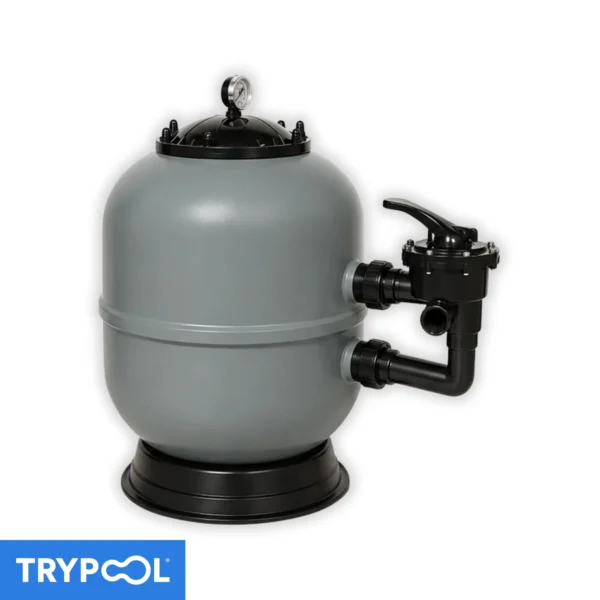 Filtro de piscina BUNKER V2 gris con válvula selectora lateral de 6 vías, manómetro y base negra.