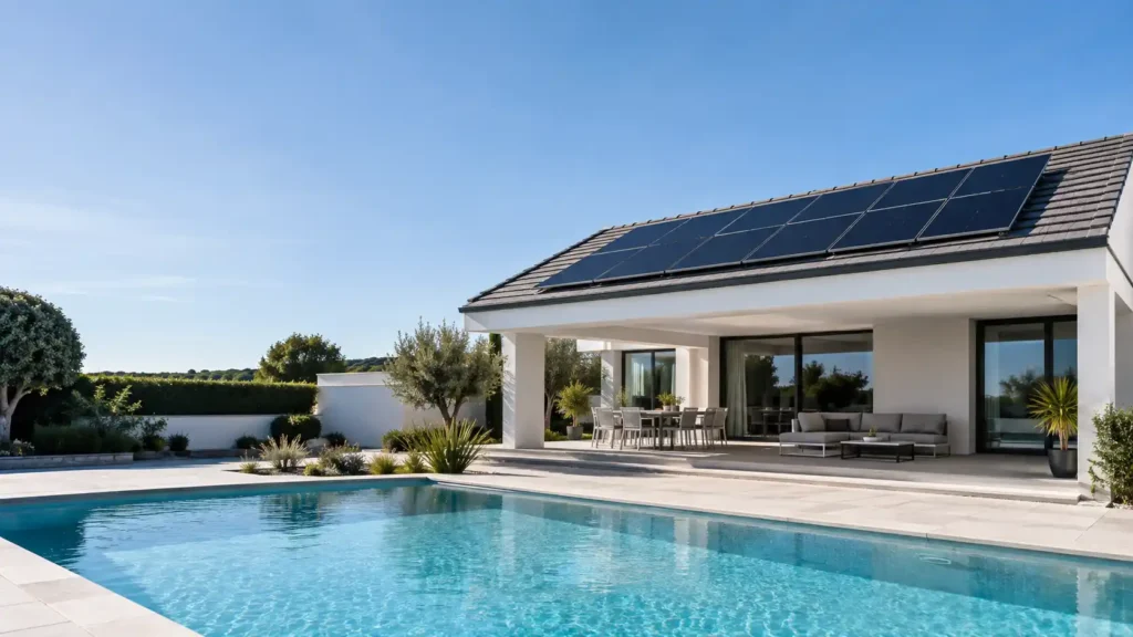 Placas solares para piscina instaladas en una vivienda