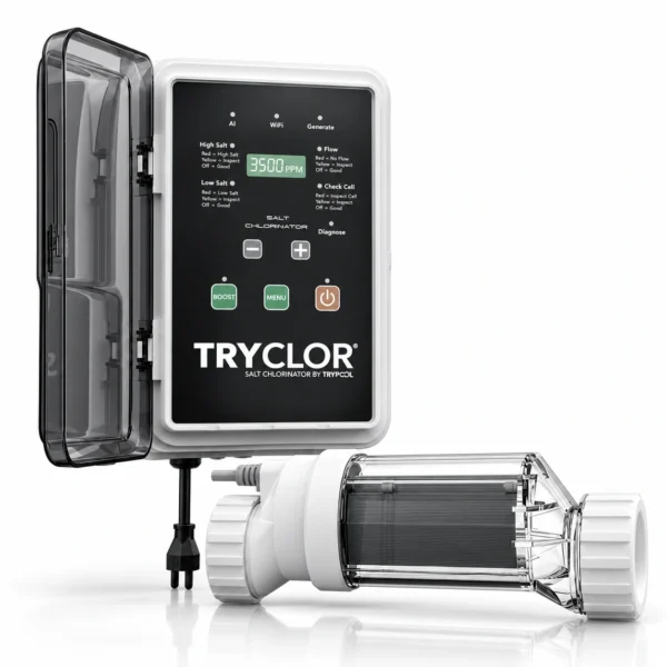 Clorador salino TRYCLOR MAX con WiFi junto a su célula de electrólisis